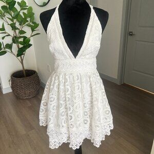 Lovers + Friends Womens Lace Fit & Flare Babydoll Sz S White Flirty Vacation